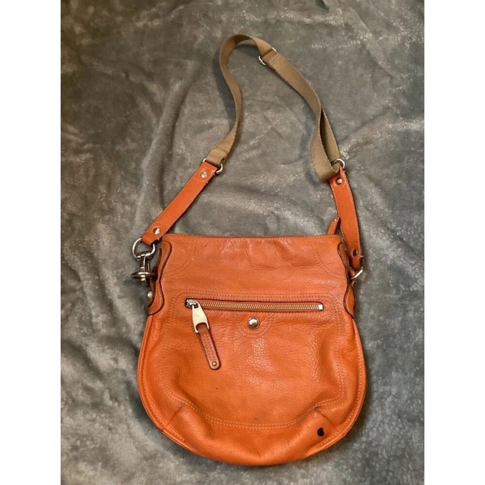 B. Makowsky Orange Pebbled Leather Hobo Style Crossbody Purse Leopard Print